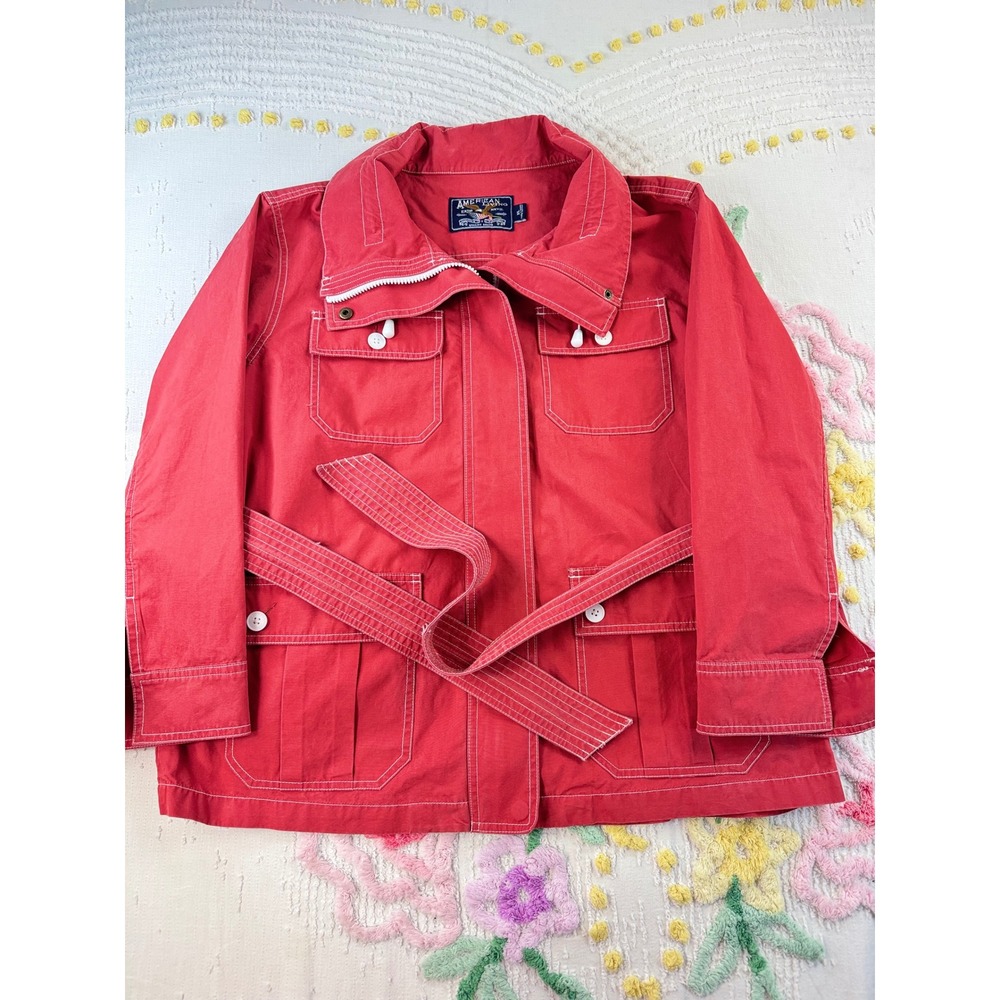 American Living Red Utility Jacket Belted Cotton XL White Stitching Full Zip - Picture 3 of 9